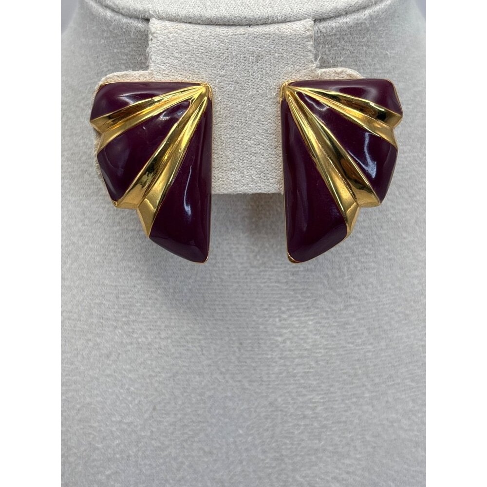 Napier Vintage Gold Tone Purple Enamel Half Moon Fan Screw Back Clip On Earrings